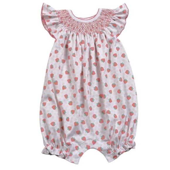 Baby Loren Other - Baby Loren Sz 3-6 Baby Girl Smocked Strawberry Bubble 100% Pima Cotton NWT